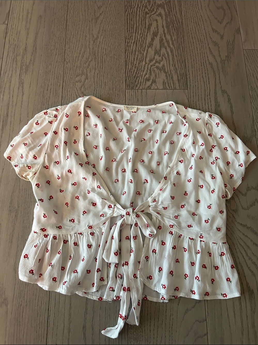 Women’s Cream Tie-Front Floral Top with Red Accents - Brandy